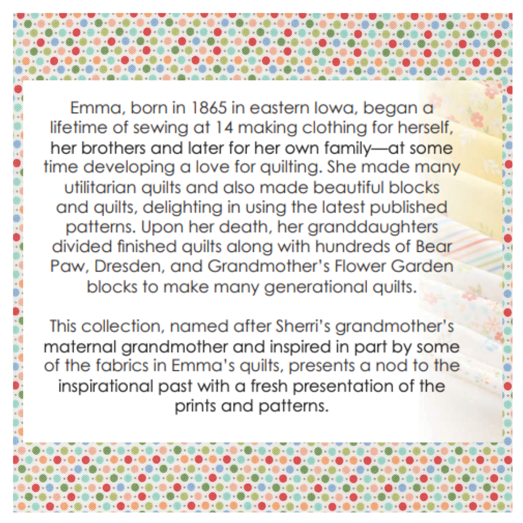 Emma 6 fabric Curated Half Yard and Fat Quarter Bundles by Sherri and Chelsi for Moda Fabrics