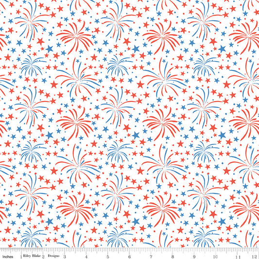 Firecracker Fireworks White by My Mind's Eye for Riley Blake Fabrics, C17201-WHITE, 1/2 yard increments
