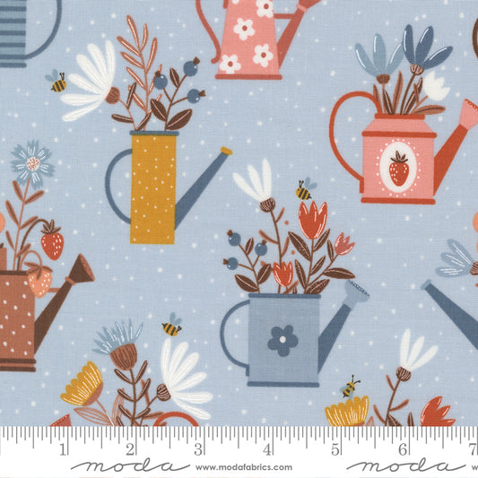 Blossoms And Blooms Watering Cans Powder Blue by Elena Amo of Moda Fabrics, 39050 19, 1/2 yard increments
