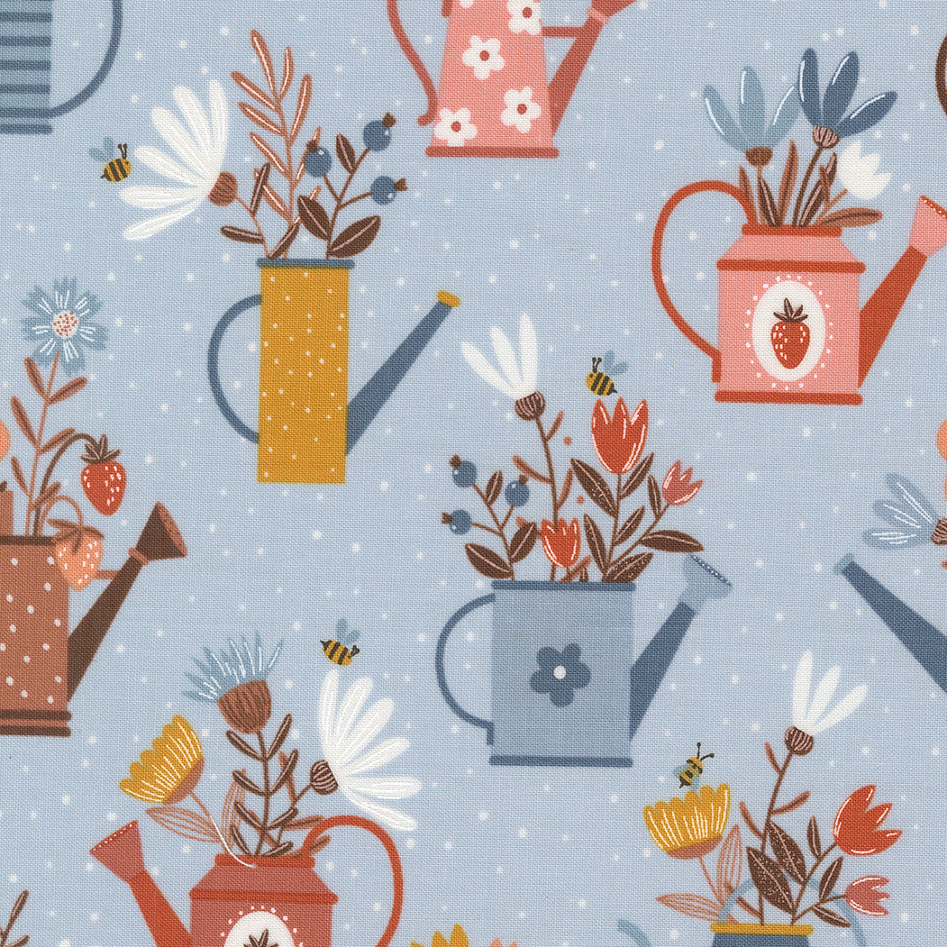 Blossoms And Blooms Watering Cans Powder Blue by Elena Amo of Moda Fabrics, 39050 19, 1/2 yard increments