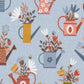 Blossoms And Blooms Watering Cans Powder Blue by Elena Amo of Moda Fabrics, 39050 19, 1/2 yard increments