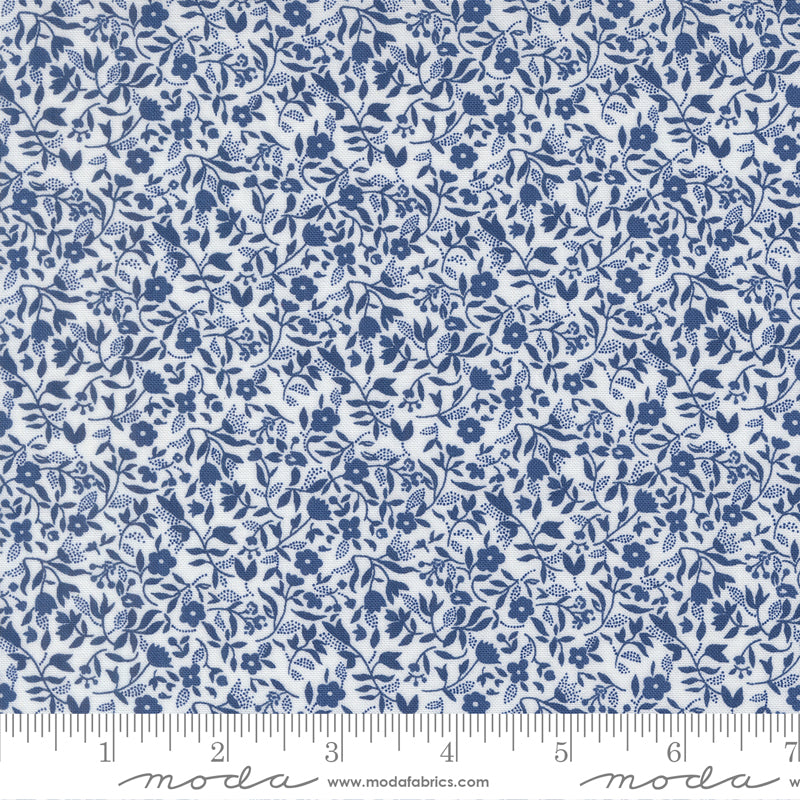 Blueprint Frolic Florals White Navy by Camille Roskelley of Moda Fabrics, 55335 26, 1/2 yard increments