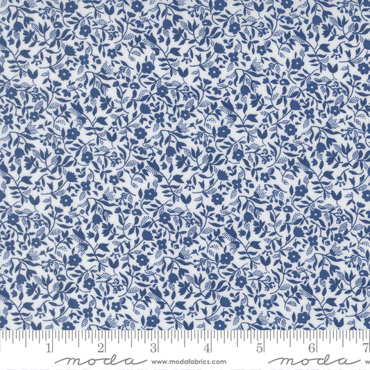 Blueprint Frolic Florals White Navy by Camille Roskelley of Moda Fabrics, 55335 26, 1/2 yard increments