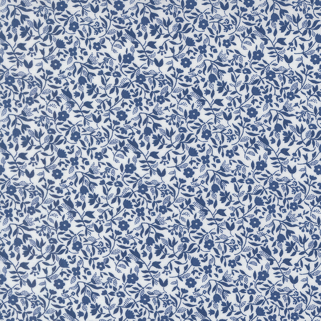 Blueprint Frolic Florals White Navy by Camille Roskelley of Moda Fabrics, 55335 26, 1/2 yard increments