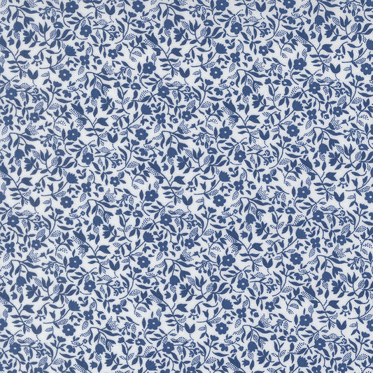 Blueprint Frolic Florals White Navy by Camille Roskelley of Moda Fabrics, 55335 26, 1/2 yard increments