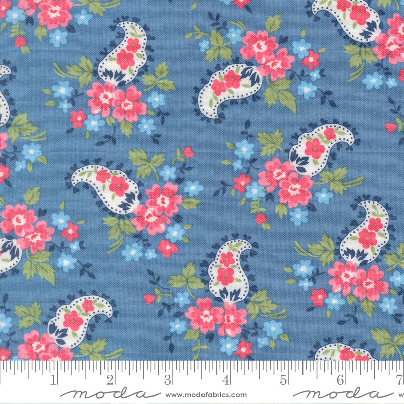A Cat Named Stitch Sweet Paisley Floral Blue by Camille Roskelley of Moda Fabrics 55346 13, 1/2 yard increments