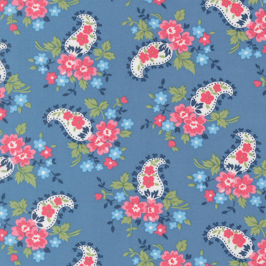 A Cat Named Stitch Sweet Paisley Floral Blue by Camille Roskelley of Moda Fabrics 55346 13, 1/2 yard increments