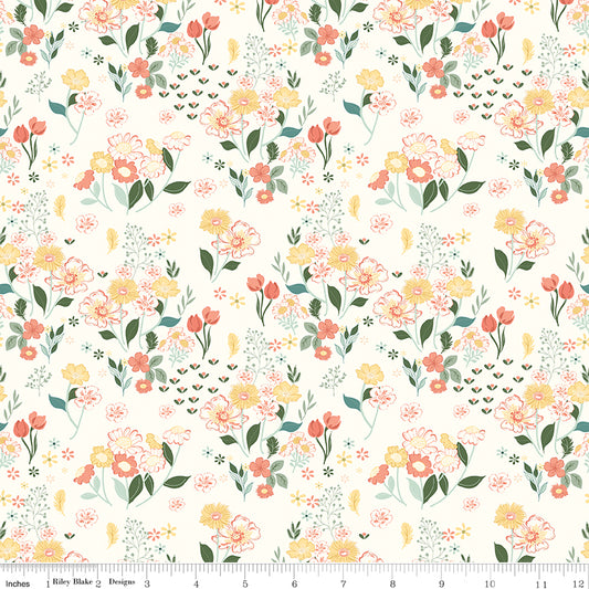 New Beginnings Floral Cream by Sandy Gervais for Riley Blake Fabrics C15751-CREAM, 1/2 yard increments