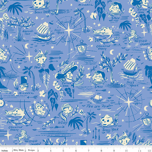 Forever Neverland Neverland Map Periwinkle by Jill Howarth for Riley Blake Fabrics C15902-PERIWINKLE, 1/2 yard increments