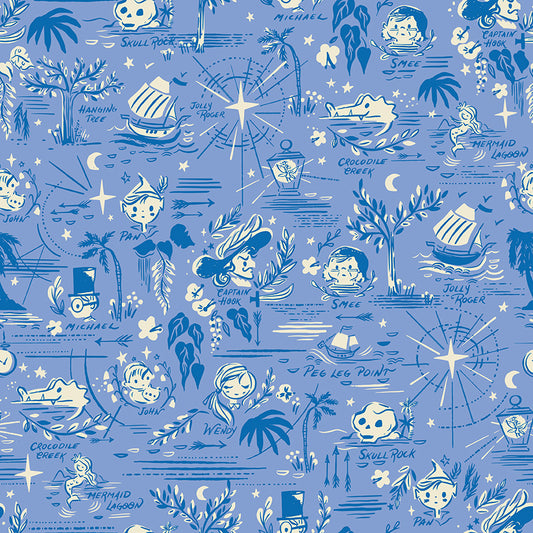Forever Neverland Neverland Map Periwinkle by Jill Howarth for Riley Blake Fabrics C15902-PERIWINKLE, 1/2 yard increments