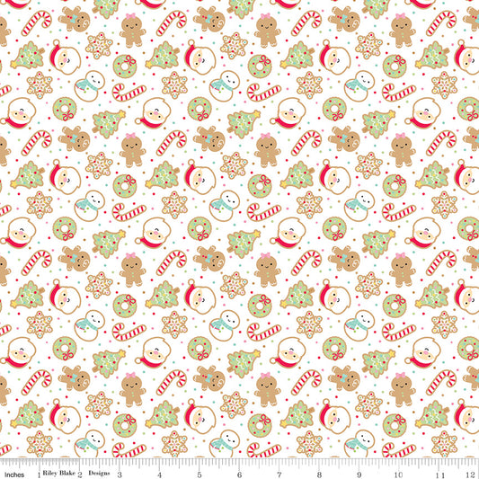 Gingerbread Kisses Sugar Cookies White by Doodlebug Design Inc for Riley Blake Fabrics C16441-WHITE, 1/2 yard increments