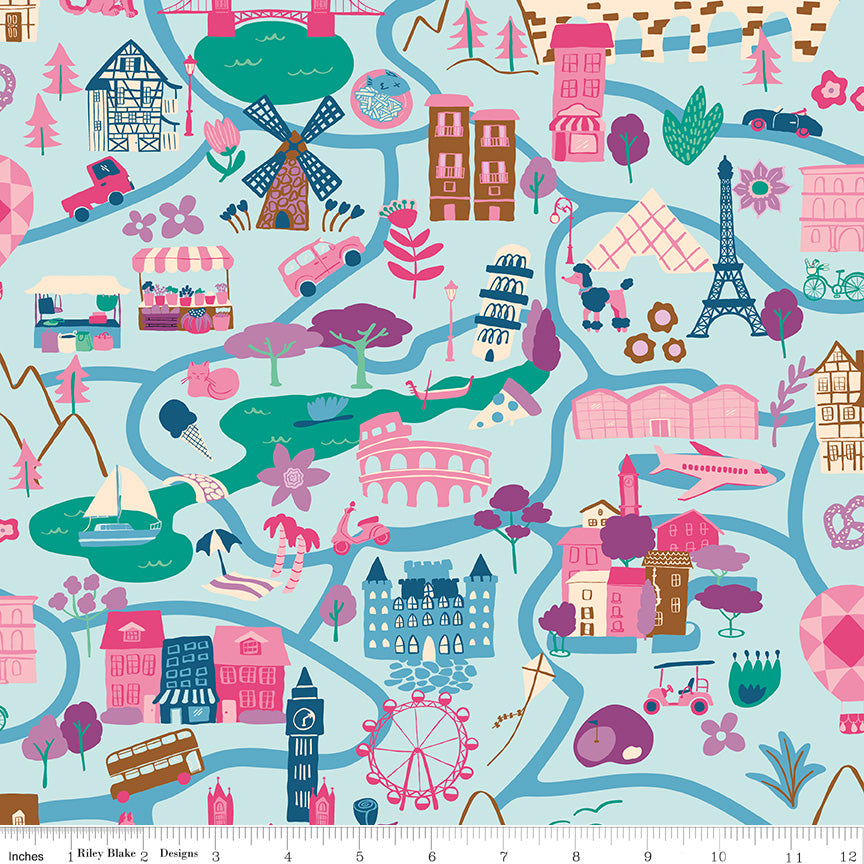 The Genesis of a Journey It Takes a Village Blue by Genesis Hall for Riley Blake Designs, C16930-BLUE, 1/2 yard increments