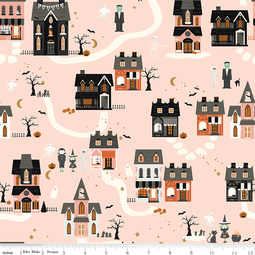Frank and Friends Houses Pink by My Mind's Eye for Riley Blake Fabrics C17471-PINK, 1/2 yard increments