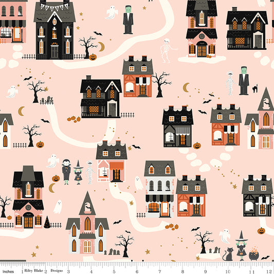 Frank and Friends Houses Pink by My Mind's Eye for Riley Blake Fabrics C17471-PINK, 1/2 yard increments