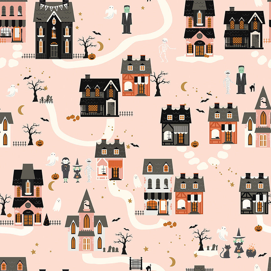 Frank and Friends Houses Pink by My Mind's Eye for Riley Blake Fabrics C17471-PINK, 1/2 yard increments