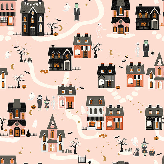 Frank and Friends Houses Pink by My Mind's Eye for Riley Blake Fabrics C17471-PINK, 1/2 yard increments