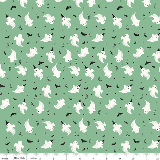 Frank and Friends Ghosts Green by My Mind's Eye for Riley Blake Fabrics C17475-GREEN, 1/2 yard increments