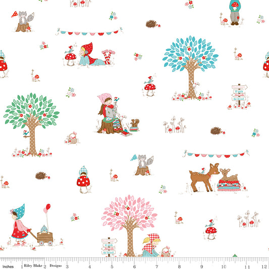Woodland-themed fabric pattern with trees, animals, and characters on a white background.