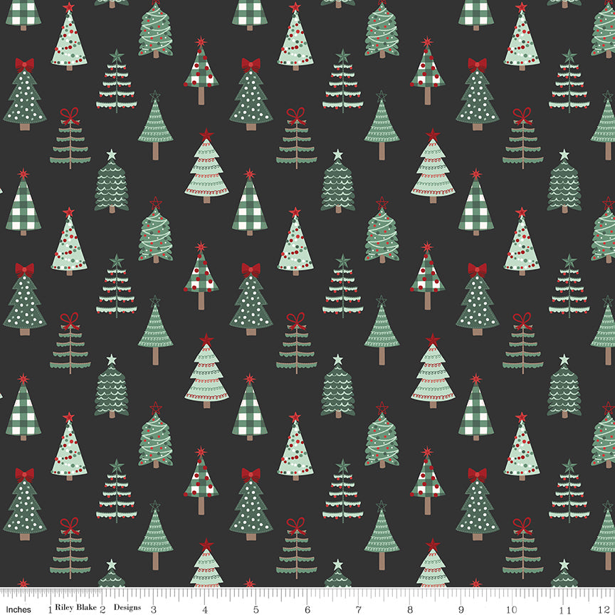 Evergreen Wishes Trees Black by Traci Reed for Riley Blake Fabrics C17811-BLACK, 1/2 yard increments