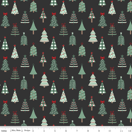 Evergreen Wishes Trees Black by Traci Reed for Riley Blake Fabrics C17811-BLACK, 1/2 yard increments