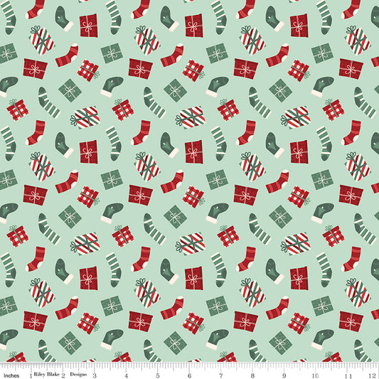 Evergreen Wishes Stockings & Gifts Mint by Traci Reed for Riley Blake Fabrics 17812-MINT, 1/2 yard increments