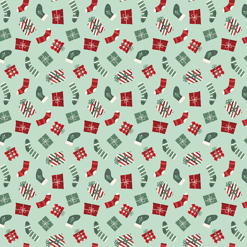 Evergreen Wishes Stockings & Gifts Mint by Traci Reed for Riley Blake Fabrics 17812-MINT, 1/2 yard increments