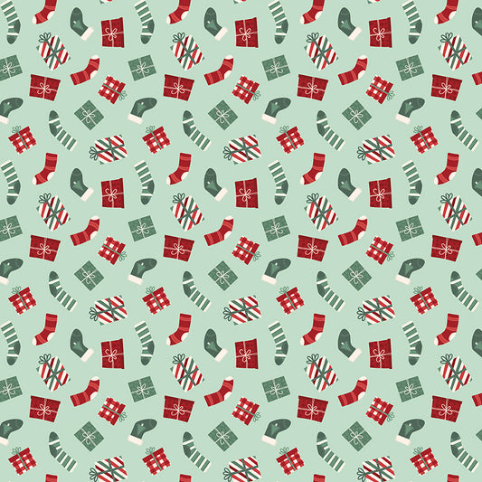 Evergreen Wishes Stockings & Gifts Mint by Traci Reed for Riley Blake Fabrics 17812-MINT, 1/2 yard increments