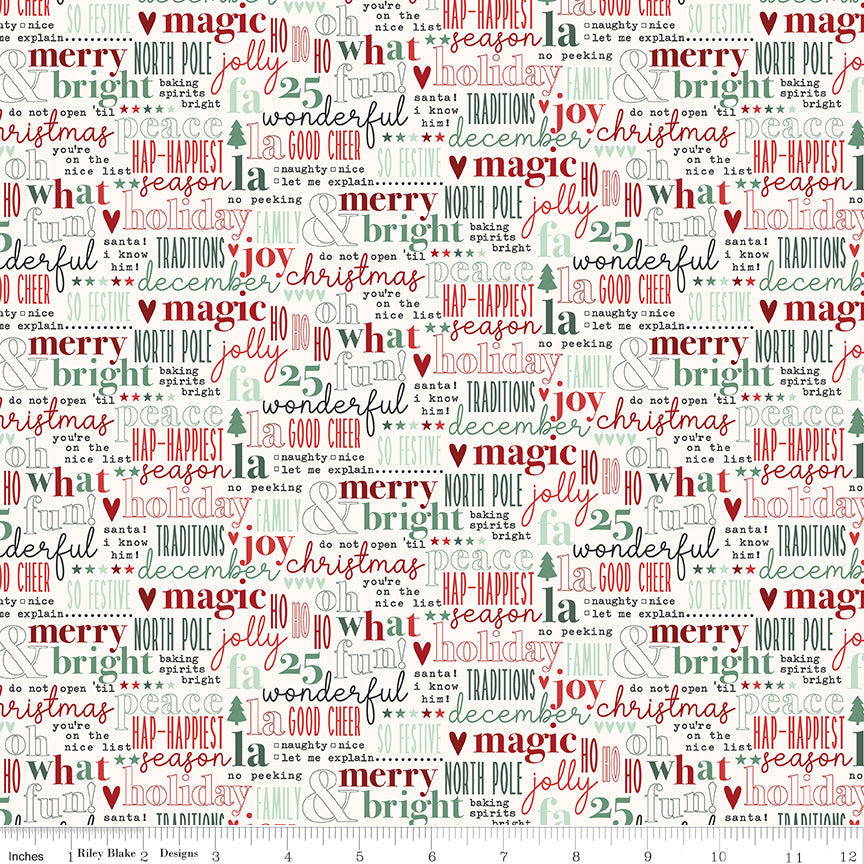 Evergreen Wishes Text Cream by Traci Reed for Riley Blake Fabrics C17813-CREAM, 1/2 yard increments