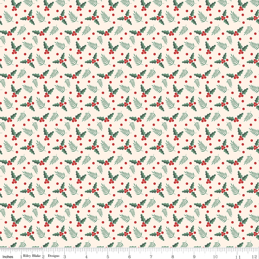 Evergreen Wishes Holly Berries Cream by Traci Reed for Riley Blake Fabrics C17814-CREAM, 1/2 yard increments