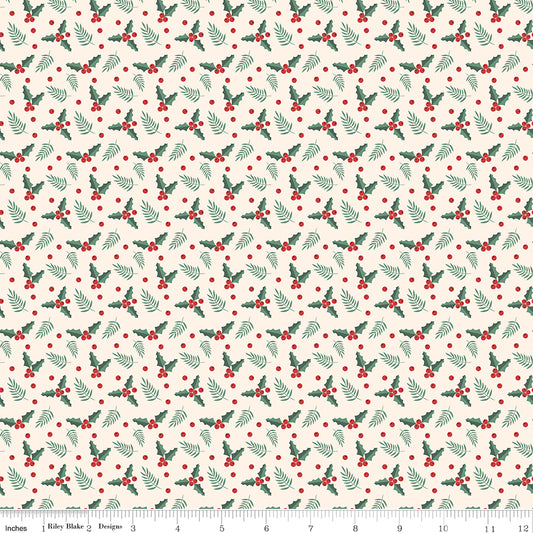 Evergreen Wishes Holly Berries Cream by Traci Reed for Riley Blake Fabrics C17814-CREAM, 1/2 yard increments
