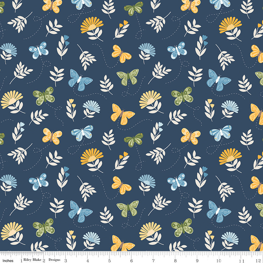 Sunshine & Dandelions Butterflies Navy by Traci Reed for Riley Blake Fabrics C17922-NAVY, 1/2 yard increments