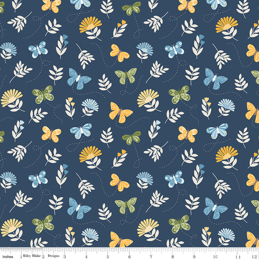 Sunshine & Dandelions Butterflies Navy by Traci Reed for Riley Blake Fabrics C17922-NAVY, 1/2 yard increments