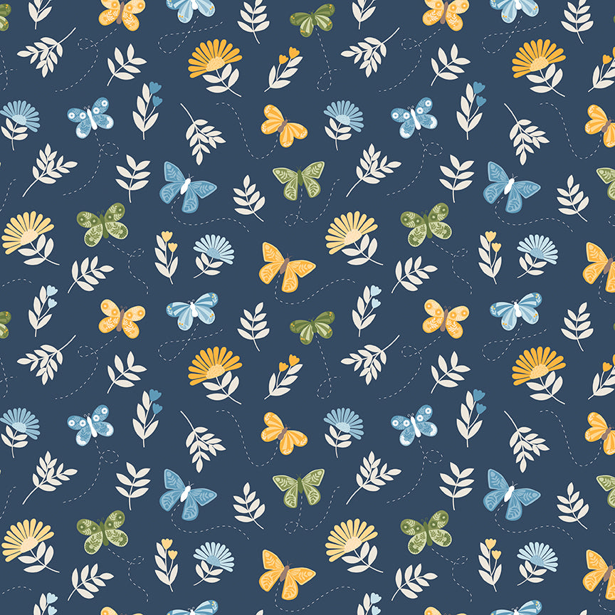 Sunshine & Dandelions Butterflies Navy by Traci Reed for Riley Blake Fabrics C17922-NAVY, 1/2 yard increments