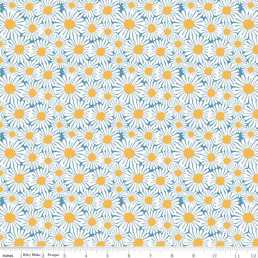 Sunshine & Dandelions Daisies Blue by Traci Reed for Riley Blake Fabrics C17923-BLUE, 1/2 yard increments