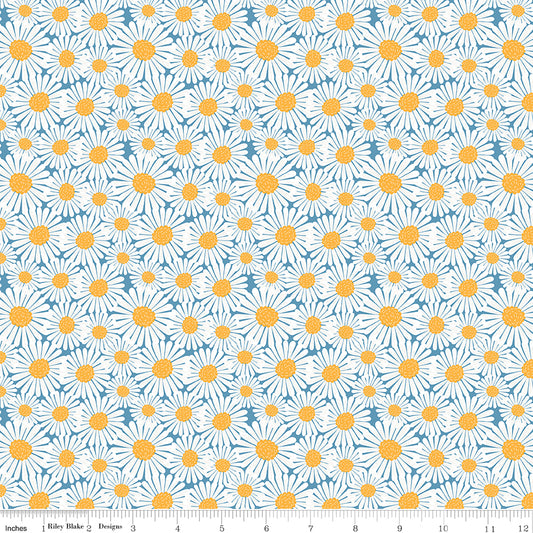 Sunshine & Dandelions Daisies Blue by Traci Reed for Riley Blake Fabrics C17923-BLUE, 1/2 yard increments