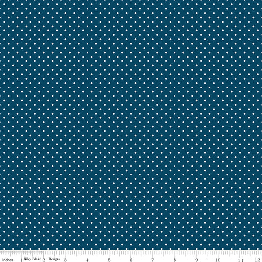 Swiss Dot White On Oxford Blue Fabric by Riley Blake Designs, C670-OXFORDBLUE, 1/2 yard increments