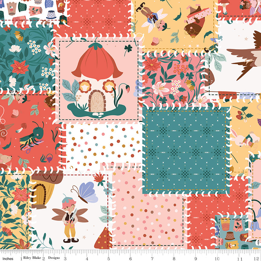 Thimbelina & the Sewing Fairies Hand-sewn Patchwork Multi by Jennifer Long for Riley Blake Fabrics CD16866-MULTI, 1/2 yard increments