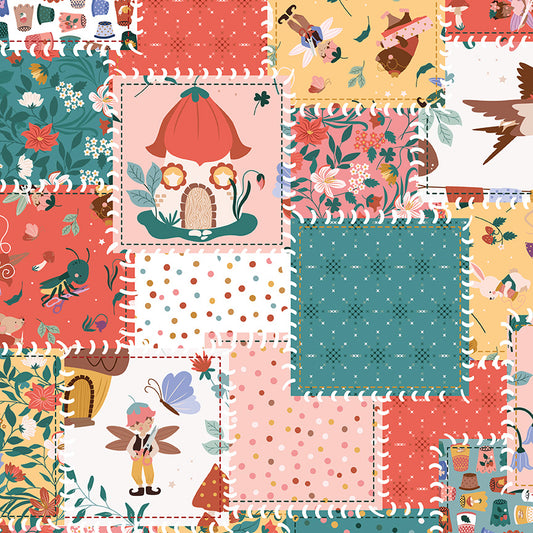 Thimbelina & the Sewing Fairies Hand-sewn Patchwork Multi by Jennifer Long for Riley Blake Fabrics CD16866-MULTI, 1/2 yard increments