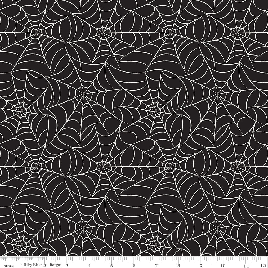 Frank and Friends Glow in the Dark Webs Black by My Mind's Eye for Riley Blake Fabrics GC17474-BLACK, 1/2 yard increments