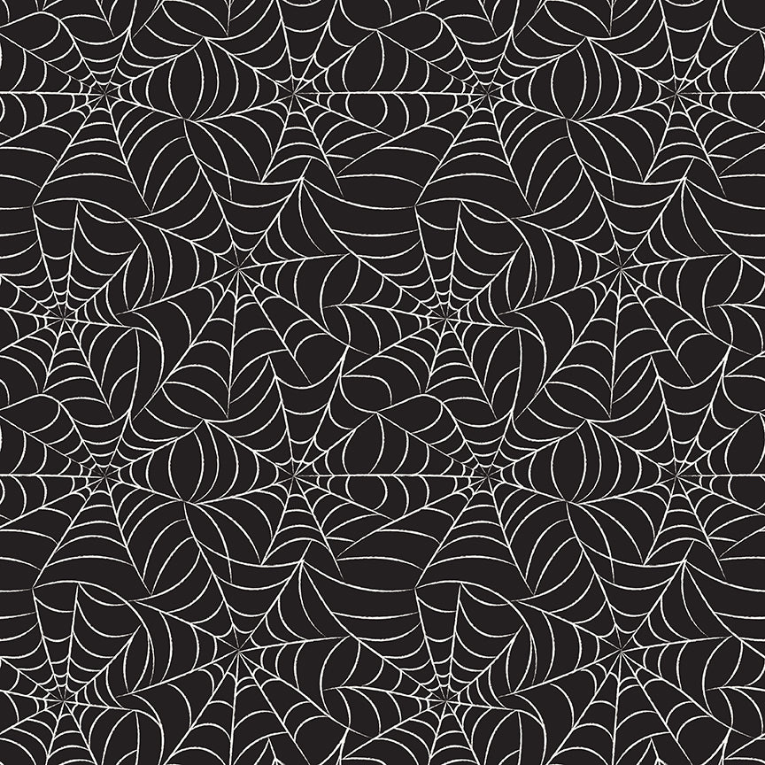 Frank and Friends Glow in the Dark Webs Black by My Mind's Eye for Riley Blake Fabrics GC17474-BLACK, 1/2 yard increments