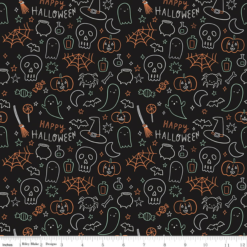 Frank and Friends Glow in the Dark Halloween Icons Black by My Mind's Eye for Riley Blake Fabrics GC17476-BLACK, 1/2 yard increments