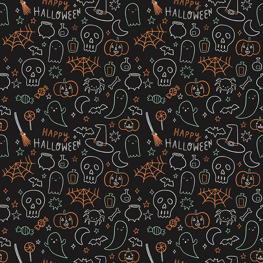 Frank and Friends Glow in the Dark Halloween Icons Black by My Mind's Eye for Riley Blake Fabrics GC17476-BLACK, 1/2 yard increments