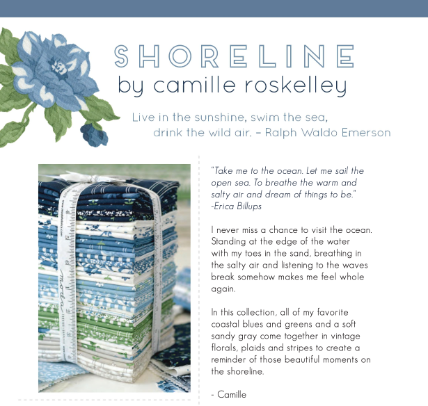 Shoreline Coastal Florals Medium Blue by Camille Roskelley of Moda Fabrics 55301 13, 1/2 yard increments